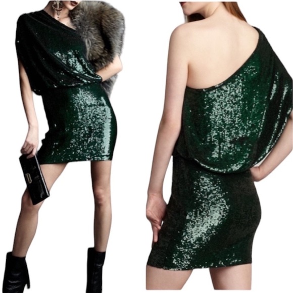 Haute Hippie Sequined One-Shoulder Green Dress - Picture 1 of 9